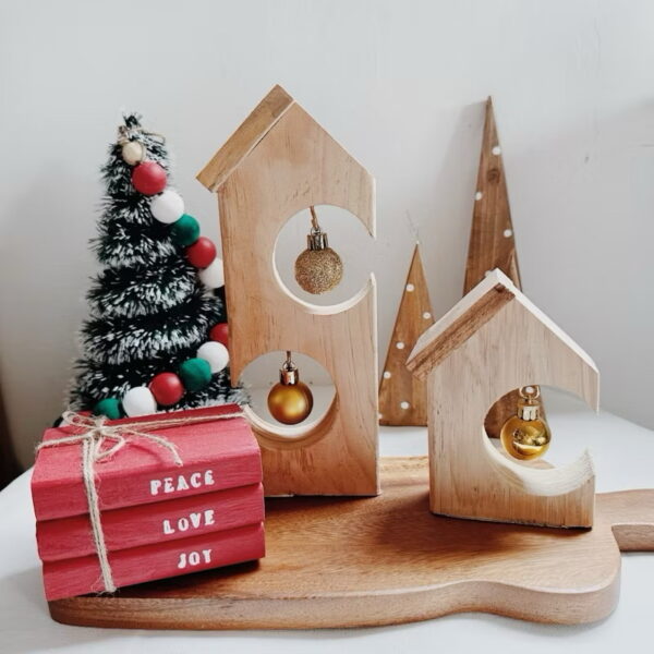 Christmas Village House Set of 2 Wooden Decorative with Balls (Sara) - Image 10