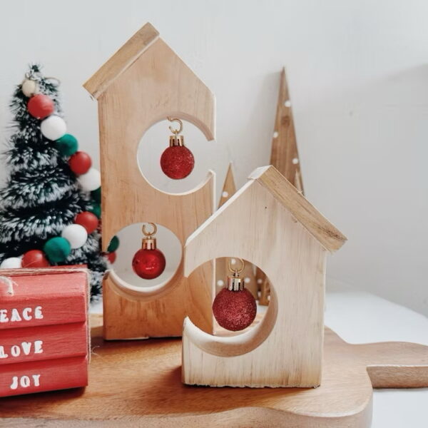 Christmas Village House Set of 2 Wooden Decorative with Balls (Sara) - Image 9