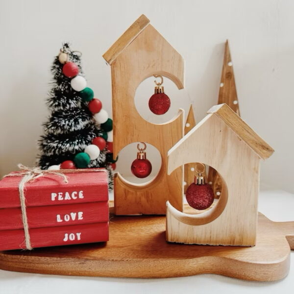 Christmas Village House Set of 2 Wooden Decorative with Balls (Sara) - Image 8
