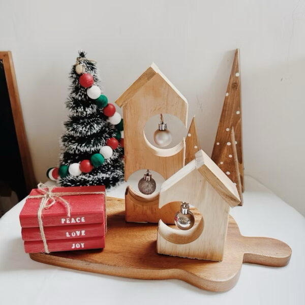 Christmas Village House Set of 2 Wooden Decorative with Balls (Sara) - Image 5