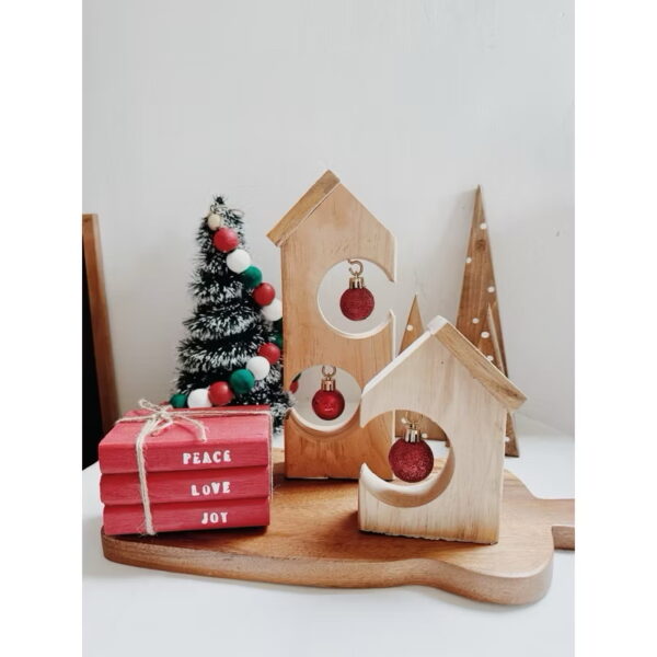Christmas Village House Set of 2 Wooden Decorative with Balls (Sara) - Image 4