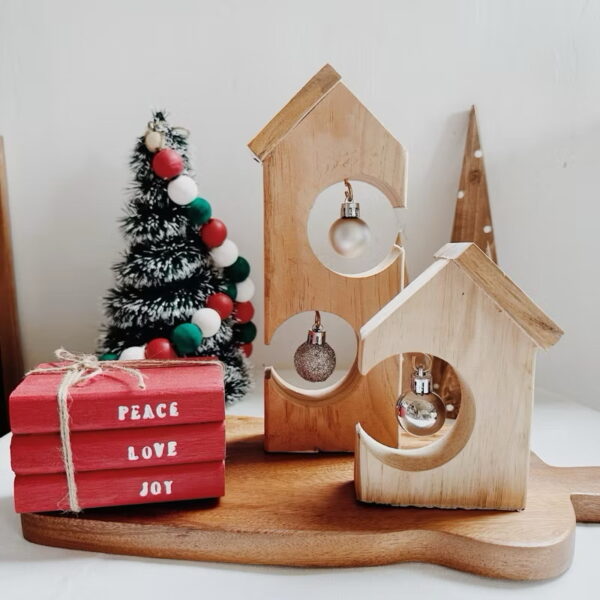 Christmas Village House Set of 2 Wooden Decorative with Balls (Sara) - Image 2