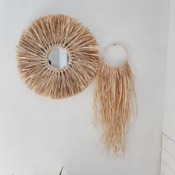 Boho Wall Hang Set of 2 C/ Rafia Mirror + Long Hair Rafia - Image 6