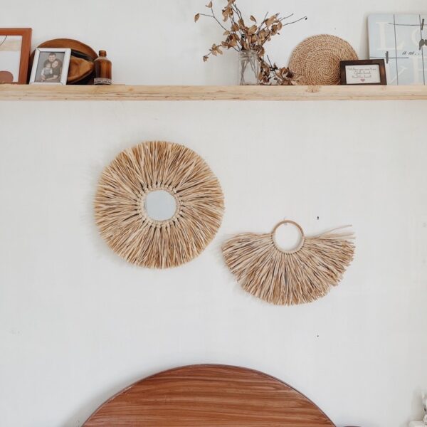 Boho Wall Hang set of 2 A/ Rafia Mirror and Short Hair rafia - Image 6